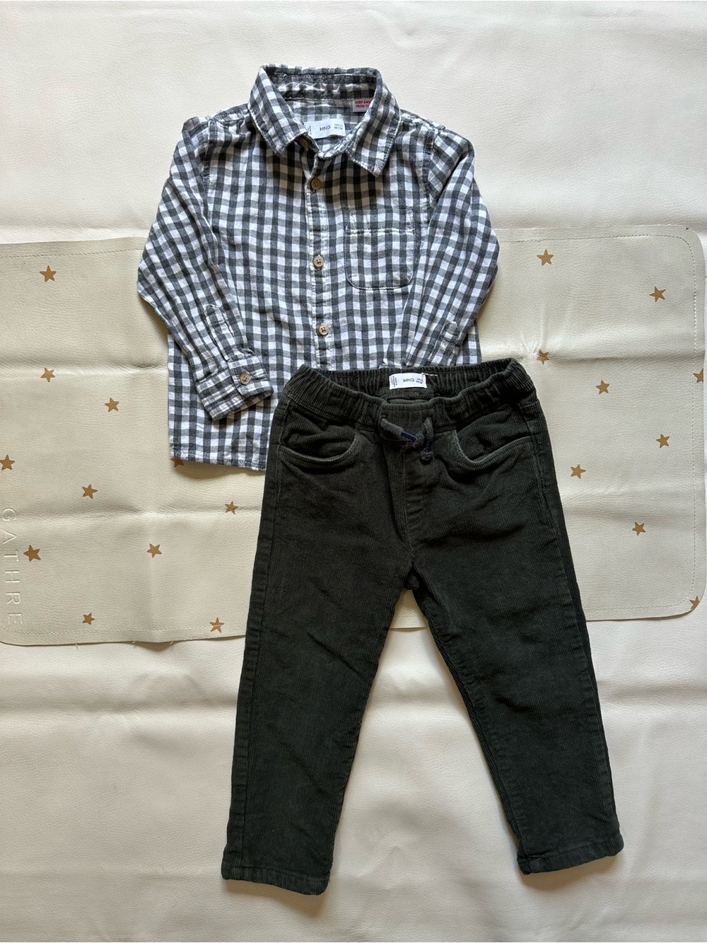2/3 Mango Gray Check Button Up & Dark Forest Green Corduroy Pants